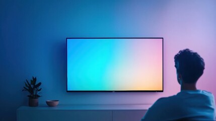 Serene evening man relaxing watching colorful tv screen