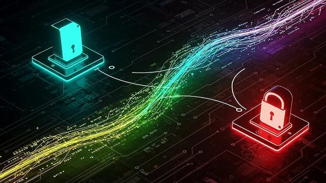 Secure digital transfer animated concept with padlock connection for data protection - Powered by Adobe