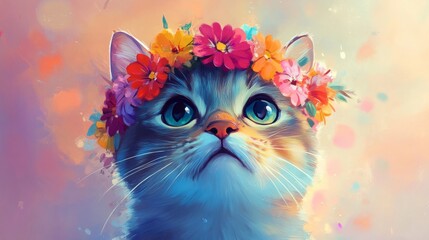 Obraz premium Adorable cartoon cat wearing a vibrant flower crown, close-up illustration on a pastel background generative ai