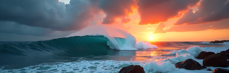 Fototapeta premium towering ocean wave bursts forth darkening turquoise waters engulfing rocky shoreline fiery sunset explodes across dramatic