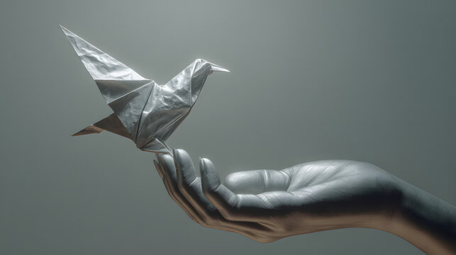 A metallic origami dove poised delicately on a person's palm, symbolizing peace and freedom, rendered in a stark, artistic studio setting