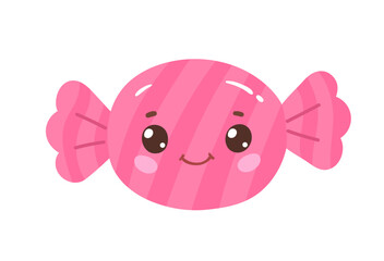 Vector illustration of sweet striped candy with smiling face. Flat design, kawaii dessert icon.