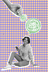 Image vertical 3d collage poster of happy girl guy stand bubble receive message communication icon...