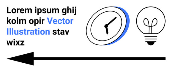 Clock symbolizing time, lightbulb for ideas, horizontal arrow for direction beside text. Ideal for time management, creativity, productivity, strategy, innovation, planning simple landing page