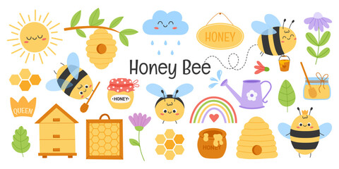Cute honey bee set with beehive, honeycomb, flowers, clouds and sun. Flat hand drawn vector illustration