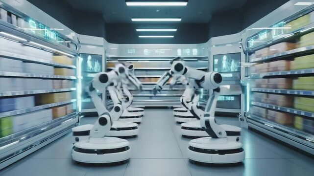 Modern grocery store aisle autonomous robotic arms restocking shelves in real-time, LED-lit inventory levels, fast-moving arms, digital interfaces walls, high-tech efficiency in sleek, clean urban