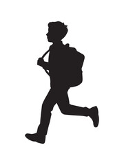 Silhouette of a young school boy running with a backpack in side profile on a white background
