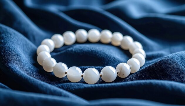Elegant pearl bracelet resting on deep blue silk conveying a sense of calm luxury and timeless fashion accessory inspiration for style blogs or catalogs