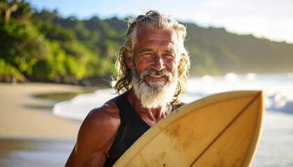 Obraz premium An older man with a surfboard on the beach showcasing vitality, active aging, and lifestyle choices for senior citizens in tropical coastal areas