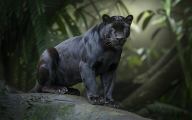 Majestic black panther sitting on a log in lush green jungle