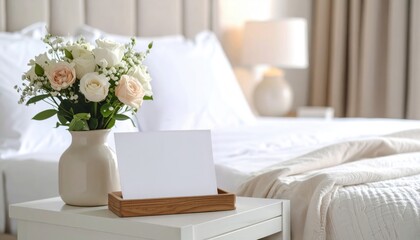 A bright hotel room with white flowers and a note on the bedside table symbolizing welcome, relaxation, honeymoon setups, or hospitality service trends