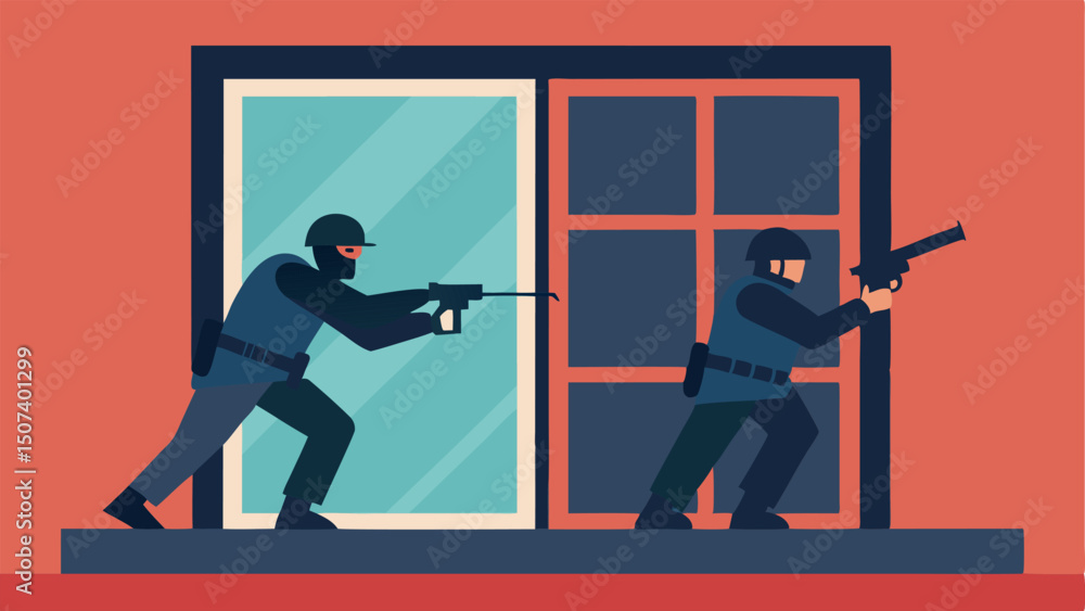 Poster dynamic entry a scene where two swat officers are dynamically entering through a window one with a g