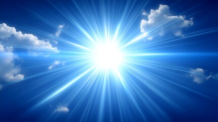 Obraz premium Bright sunburst with rays shining through a partly cloudy blue sky