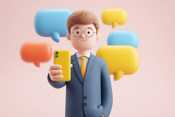 Businessman Holding Smartphone with Speech Bubbles, 3D Cartoon Character Isolated on White, Flat Vector Style