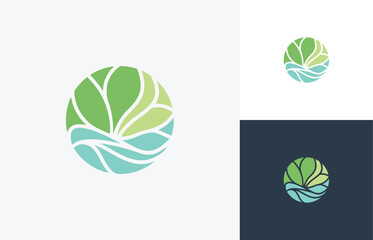 Leaf logo inspiration,  Leaves Water Arrangement for Landscaping Design, Environment , Nature, Stones vector logo design 