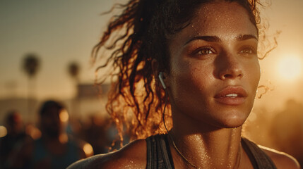 A sweaty female runner takes a moment during a race, basking in the golden sunset glow.