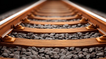 Close-up of railway tracks with wooden sleepers and gravel, suitable for transportation and infrastructure projects