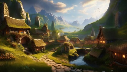 A captivating rural landscape featuring a collection of houses, mountains, and a waterway under a clear sky. A road guides towards the houses.