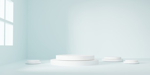 Minimal white podium on light green pastel background with soft shadows, perfect for beauty, cosmetic, and fashion branding. Elegant stage for product mockups and creative advertising. 3D blend.
