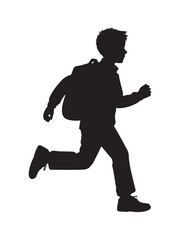 Silhouette of a schoolboy running with a backpack in side profile isolated on a clean white background