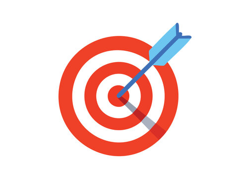 Arrow hitting the bullseye of a target symbolizing success and achieving a specific goal on white background