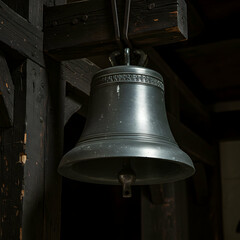 Obraz premium Ancient Church Bell Detailed Closeup of Metal Bell Hanging in Dark Wooden Structure
