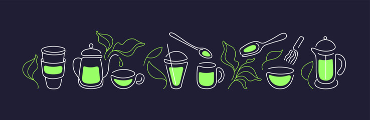 Matcha tea Green leaves set Vector line art frieze