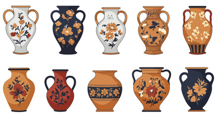 Colored ceramic vases set. Porcelain vase for flowers, antique pottery, floral and abstract patterns. Vase pottery for decoration. Trendy flat style isolated on white. Vector illustration