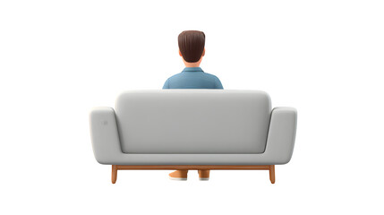 3D person sitting on a low modern sofa, looking forward, back view.  Isolated on transparent background. 