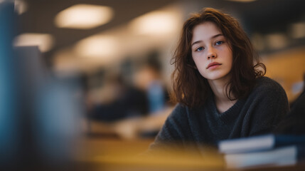 Quiet scene of empty classroom with only one teen girl sitting mid-row, books closed in front of her, lost in introspection, struggling to focus.