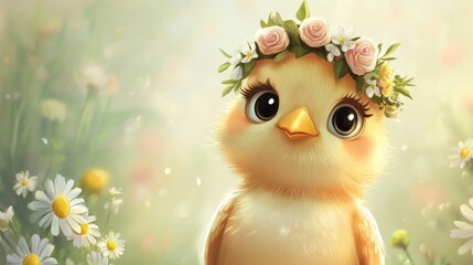 Fototapeta premium Adorable chicken wearing a floral headdress, close-up cartoon illustration with roses and daisies. generative ai