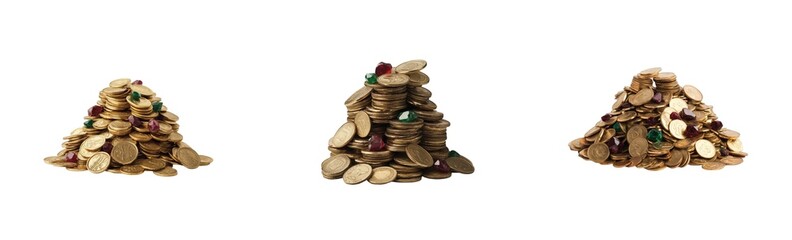 Piles of golden coins and gems forming distinct shapes in various arrangements