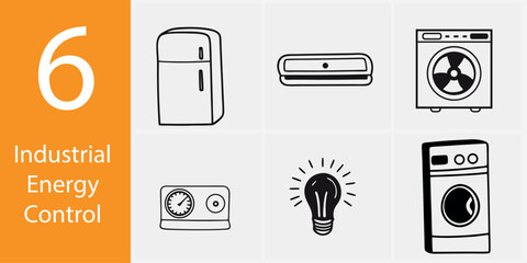 Industrial Energy Management Icon Set – 6 Vector Illustrations for Power and Automation Systems