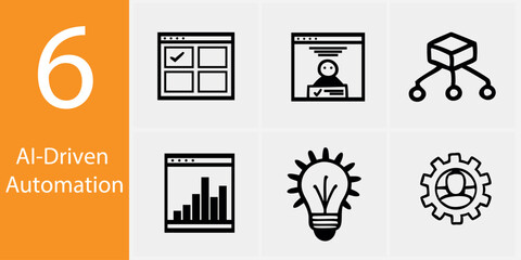 AI-Driven Automation Icon Set – 6 Vector Illustrations for Technology, Robotics, and Workflow Design