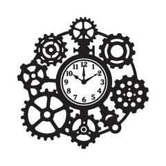 Steampunk clock with gears and cogs silhouette ornament Silhouette white Background.