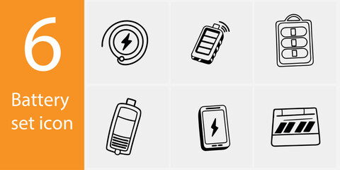 Battery Management Vector Icon Set – 6 Flat Illustrations for Power, Charging, and Energy Control
