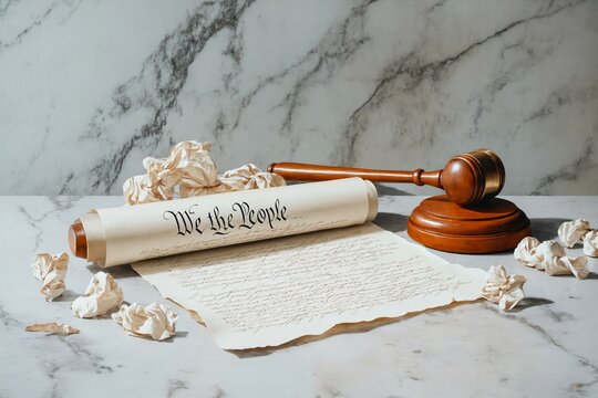 Constitution and gavel on marble background — legal justice and U.S. law concept