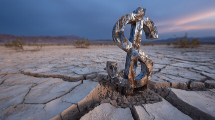 Fototapeta premium Rusty dollar sign sinking into desert quicksand, cracked dry earth around, symbolizing wealth erosion and loss caused by inflation and financial turmoil, fading light sets somber m