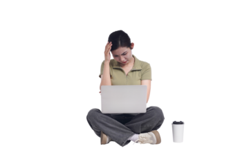 portrait of young asian female student sitting on white background posing