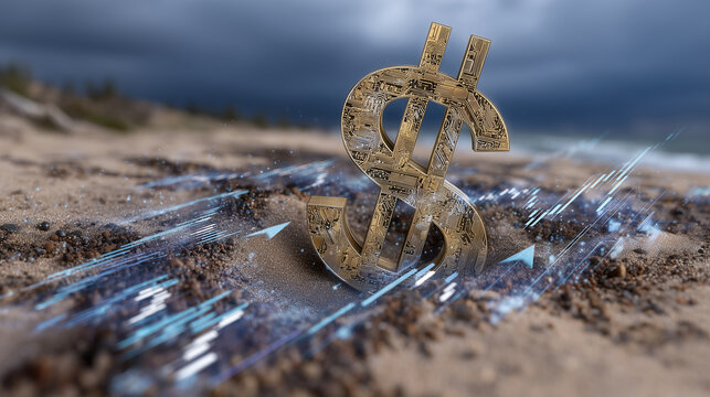 Surreal image of dollar sign sinking into giant sand pit under overcast skies, tiny financial charts and arrows sinking alongside, representing risk, recession, and economic declin
