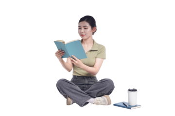 portrait of young asian female student sitting on white background posing