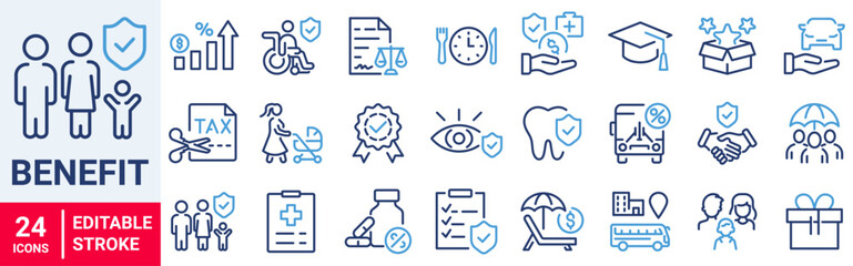 Employee benefit web line icons. Included icons as teamwork, insurance, paid Vacation, pension, social Security. Vector illustration. editable stroke