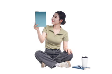 portrait of young asian female student sitting on white background posing
