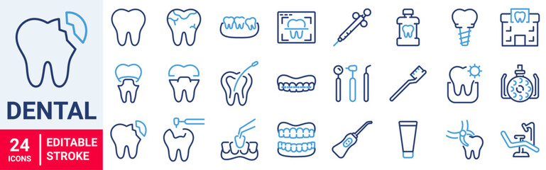 Set of 24 outline icons related to dental. Linear icon collection. Editable stroke. Vector illustration