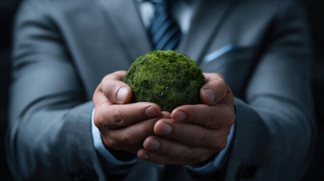 Corporate Stewardship: A professional holds a vibrant green sphere in his hands, symbolizing environmental responsibility, sustainable business practices.