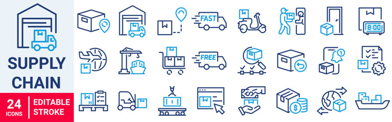Supply chain line web icons. Value chain, logistic, delivery, manufacturing, commerce. Outline icon collection. Vector illustration. Editable stroke