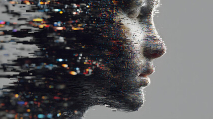 Digital art showing a human profile dissolving into a vibrant data stream, symbolizing the merge of consciousness with technology and artificial intelligence