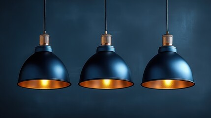 Three navy blue industrial pendant lights against a dark blue wall