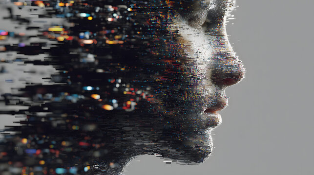 Digital art showing a human profile dissolving into a vibrant data stream, symbolizing the merge of consciousness with technology and artificial intelligence