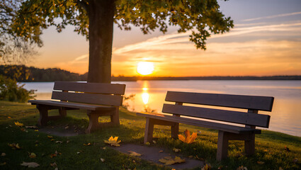 Tranquil sunset over the autumn lake with a wooden bench by the grassy shore, offering a serene view of nature's vibrant sky and trees